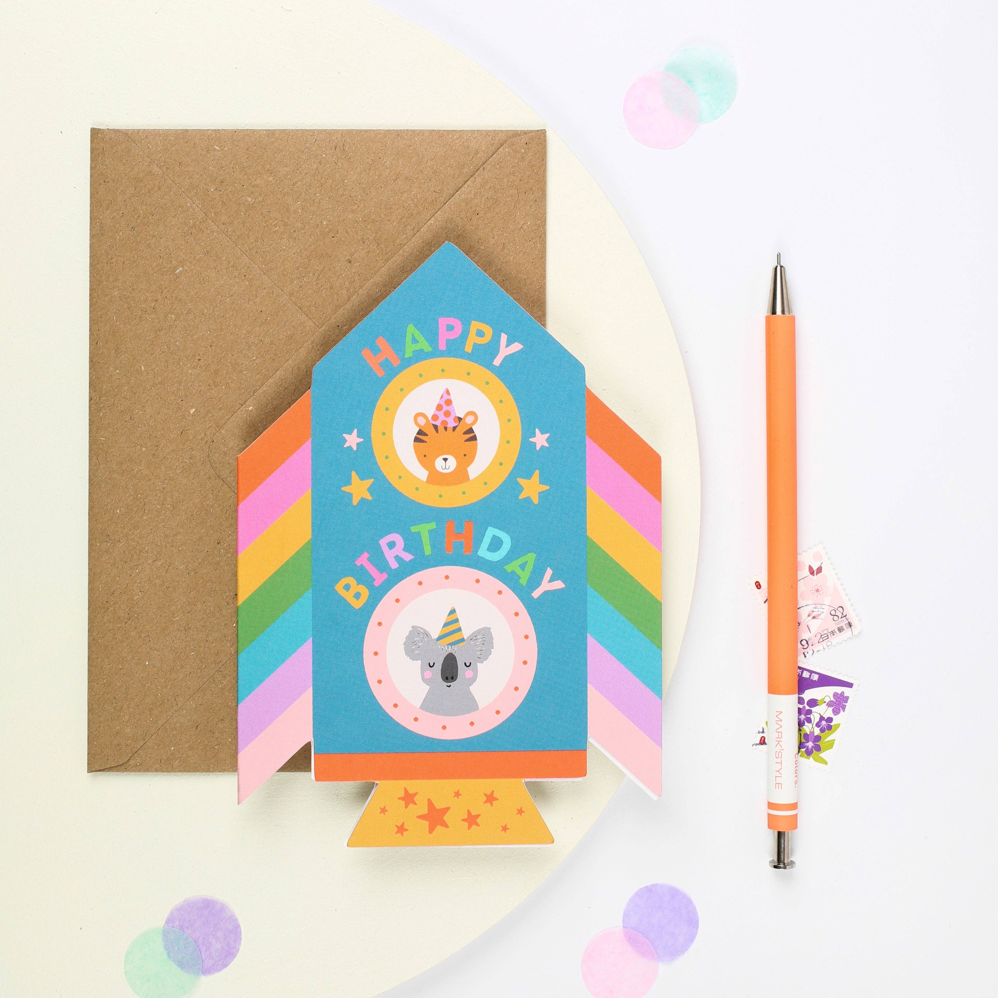 Rainbow Rocket Birthday Card with Animal Friends
