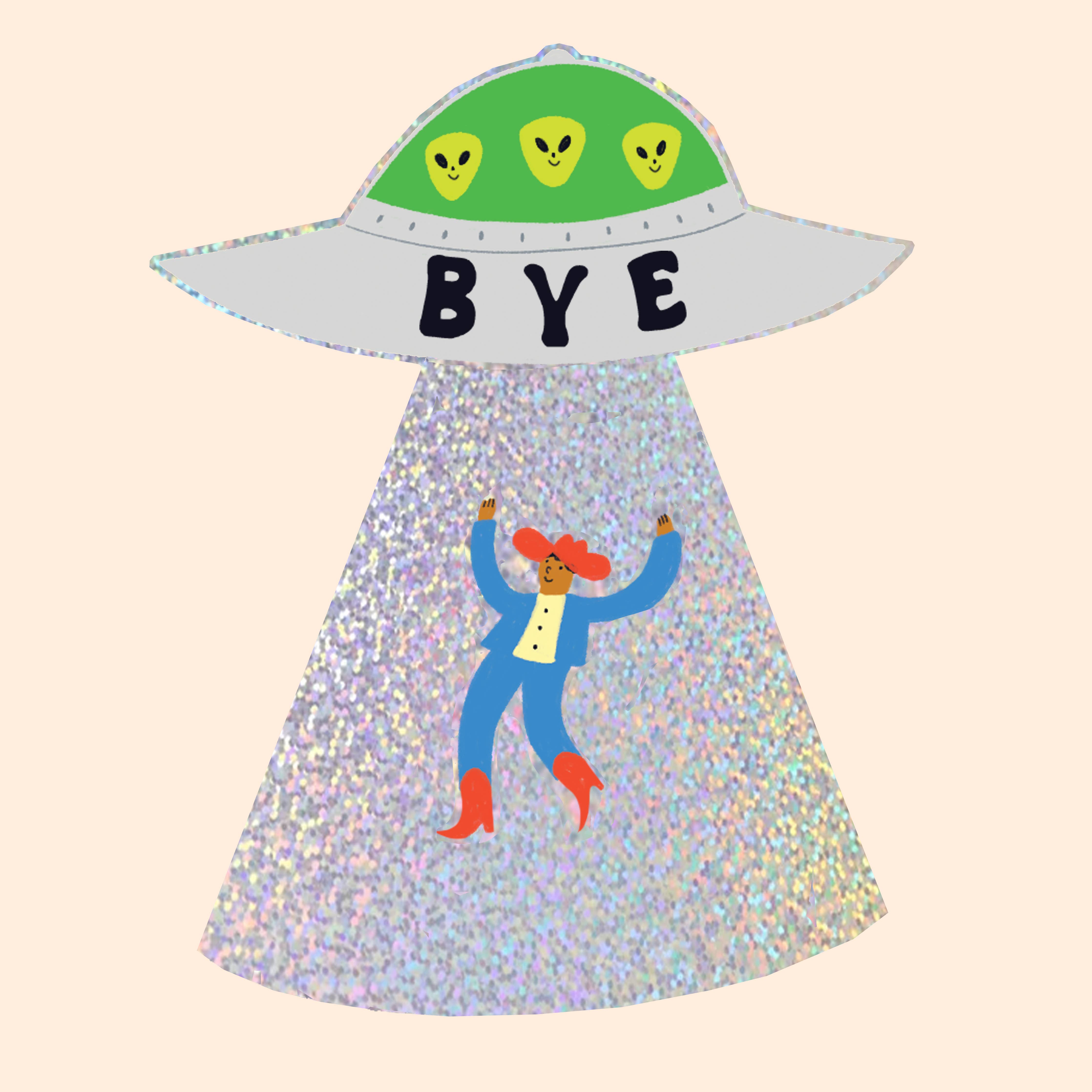 'Bye' Cowboy UFO Glitter Sticker