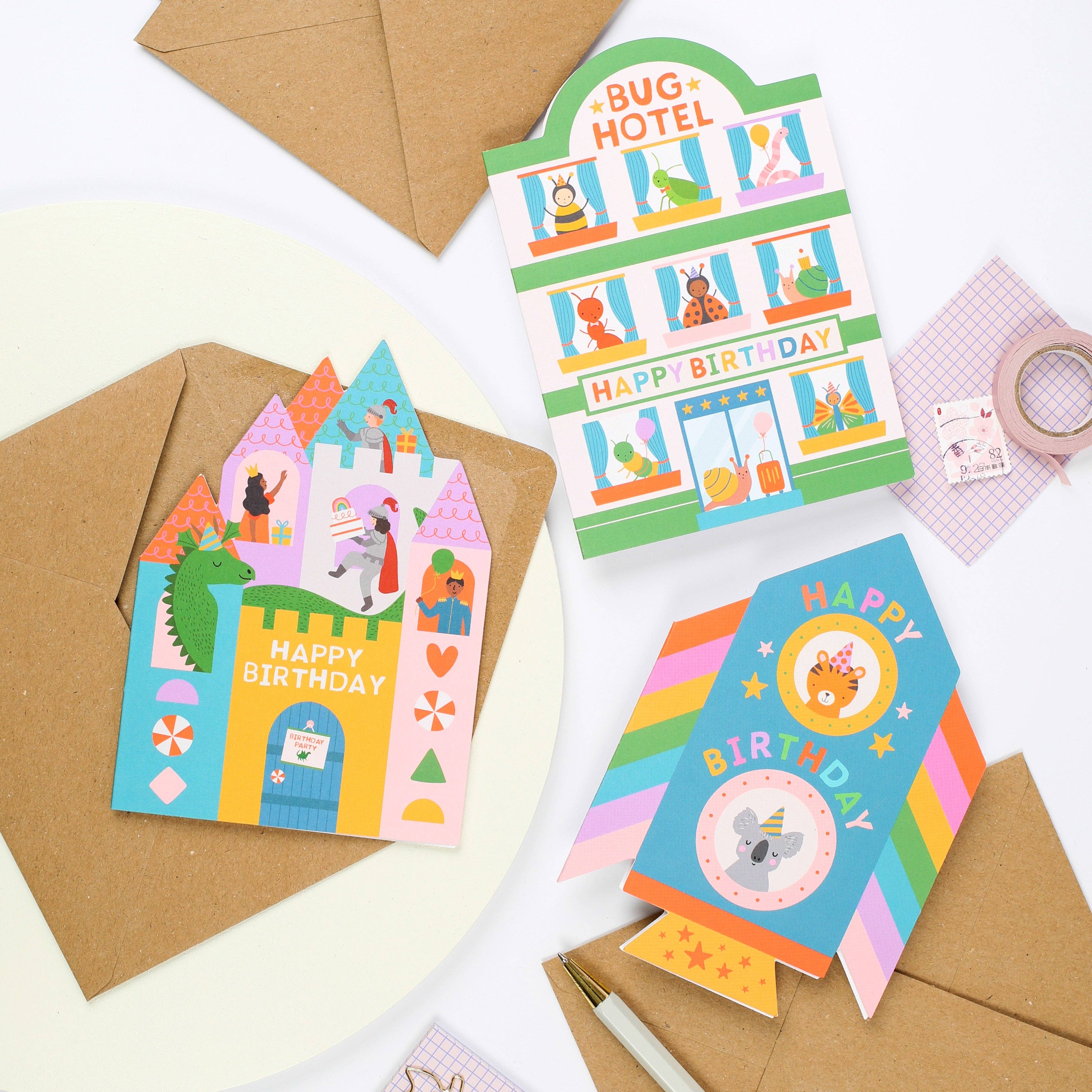 Rainbow Rocket Birthday Card with Animal Friends