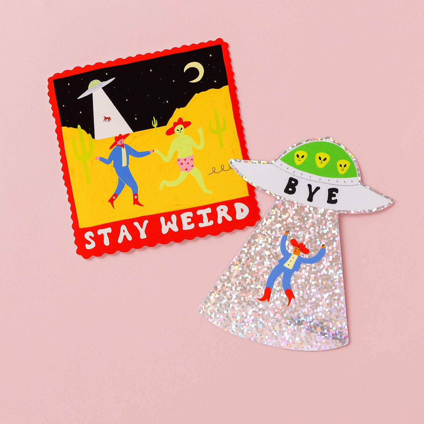 'Bye' Cowboy UFO Glitter Sticker