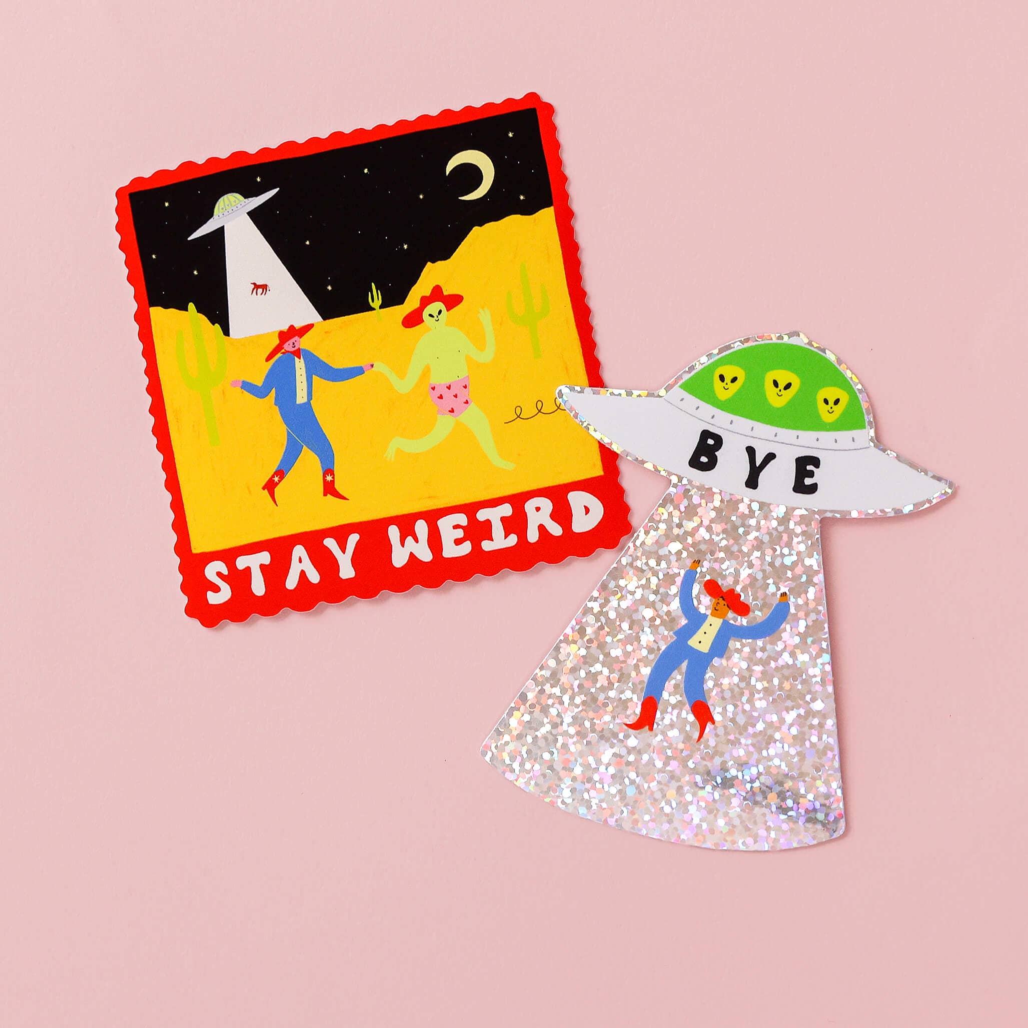 'Bye' Cowboy UFO Glitter Sticker