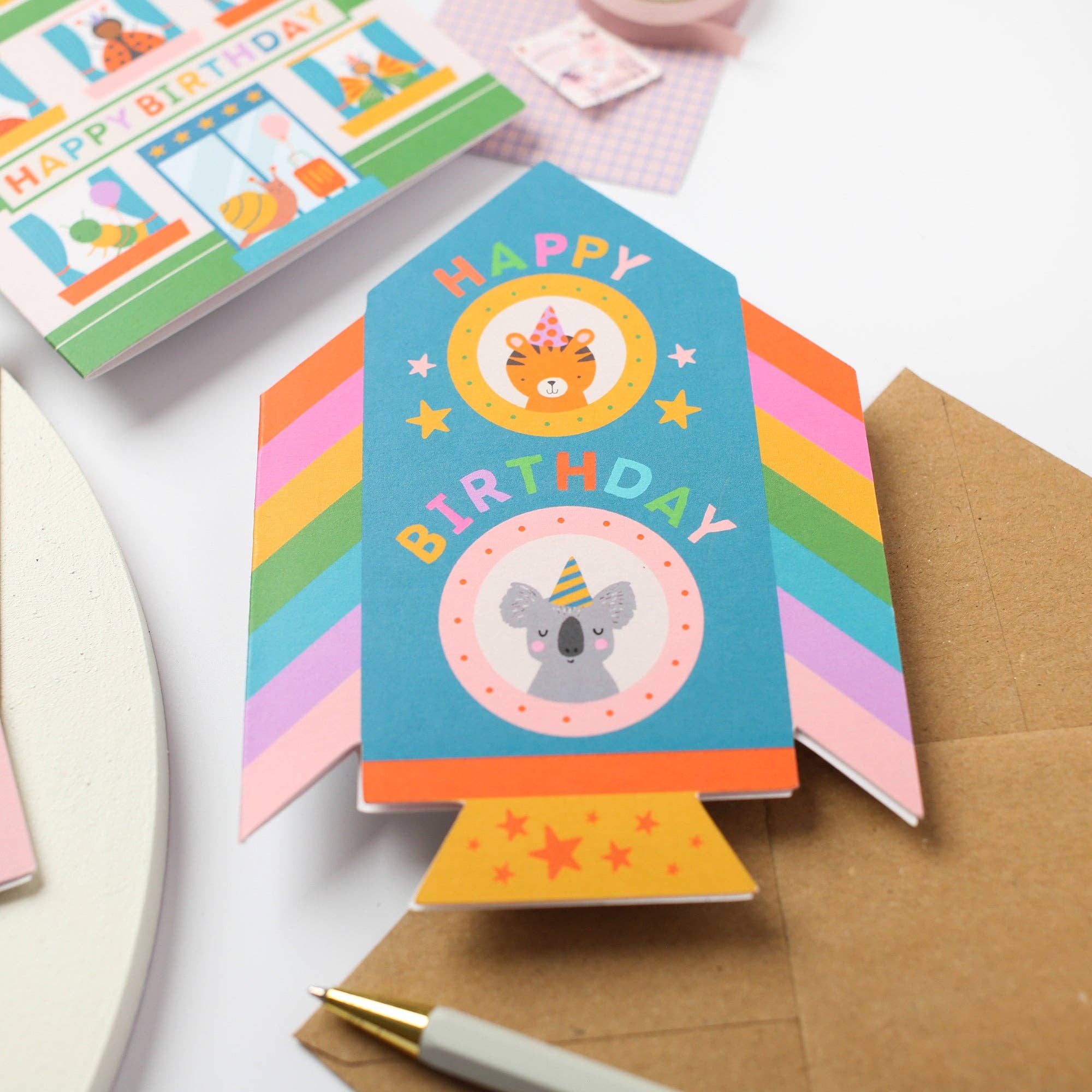 Rainbow Rocket Birthday Card with Animal Friends