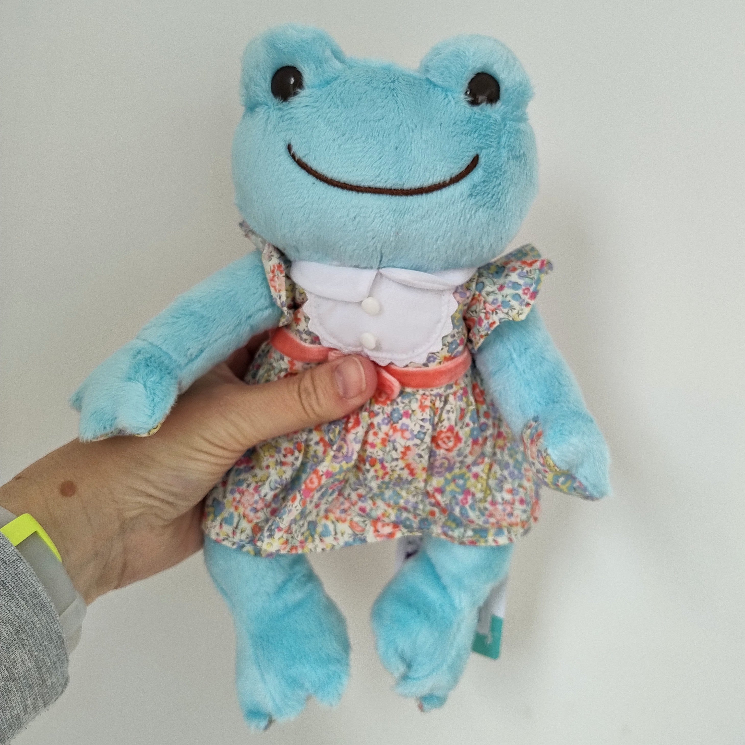 Blue Pickles the Frog in a Liberty dress (26cm)