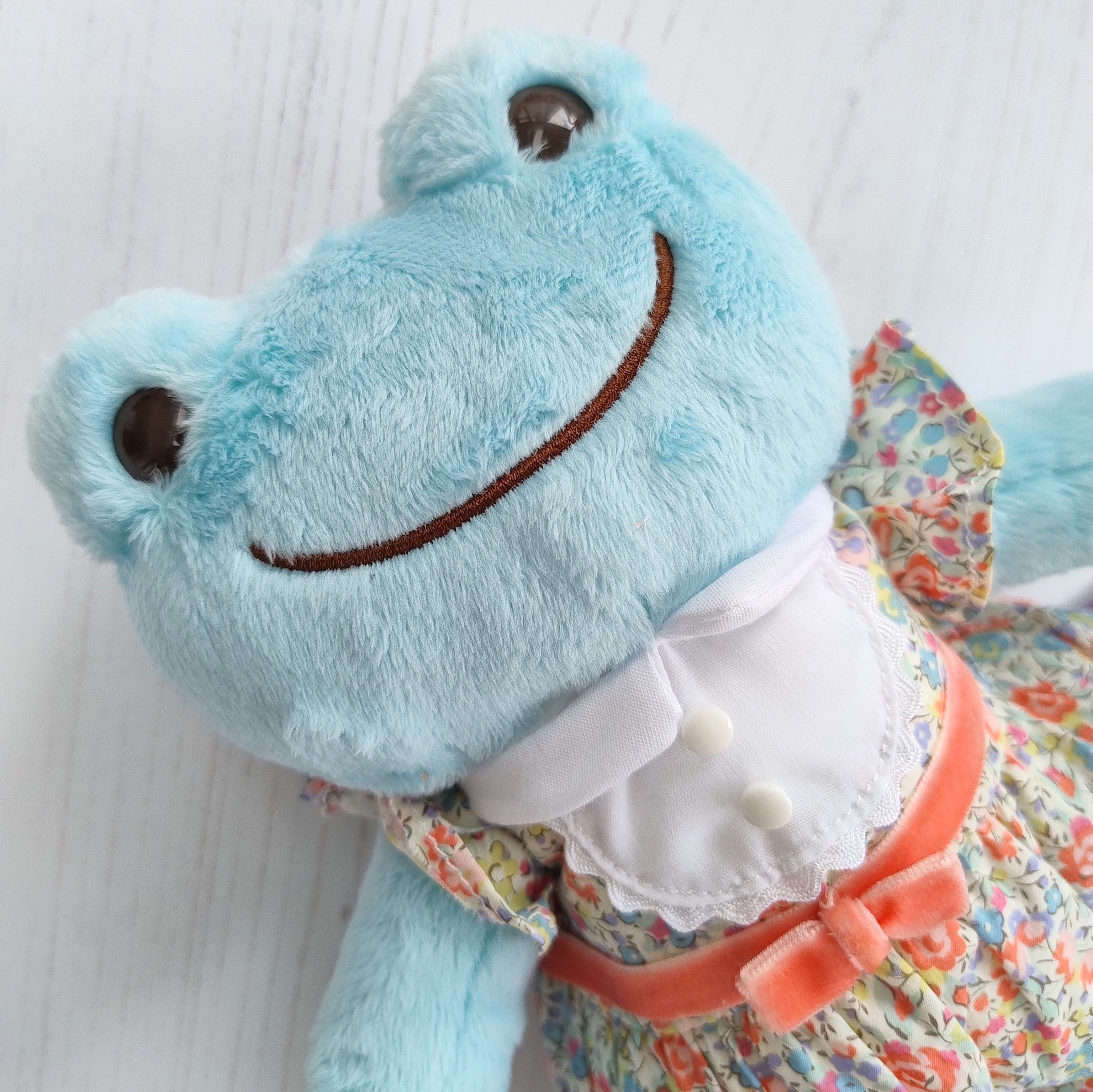 Blue Pickles the Frog in a Liberty dress (26cm)
