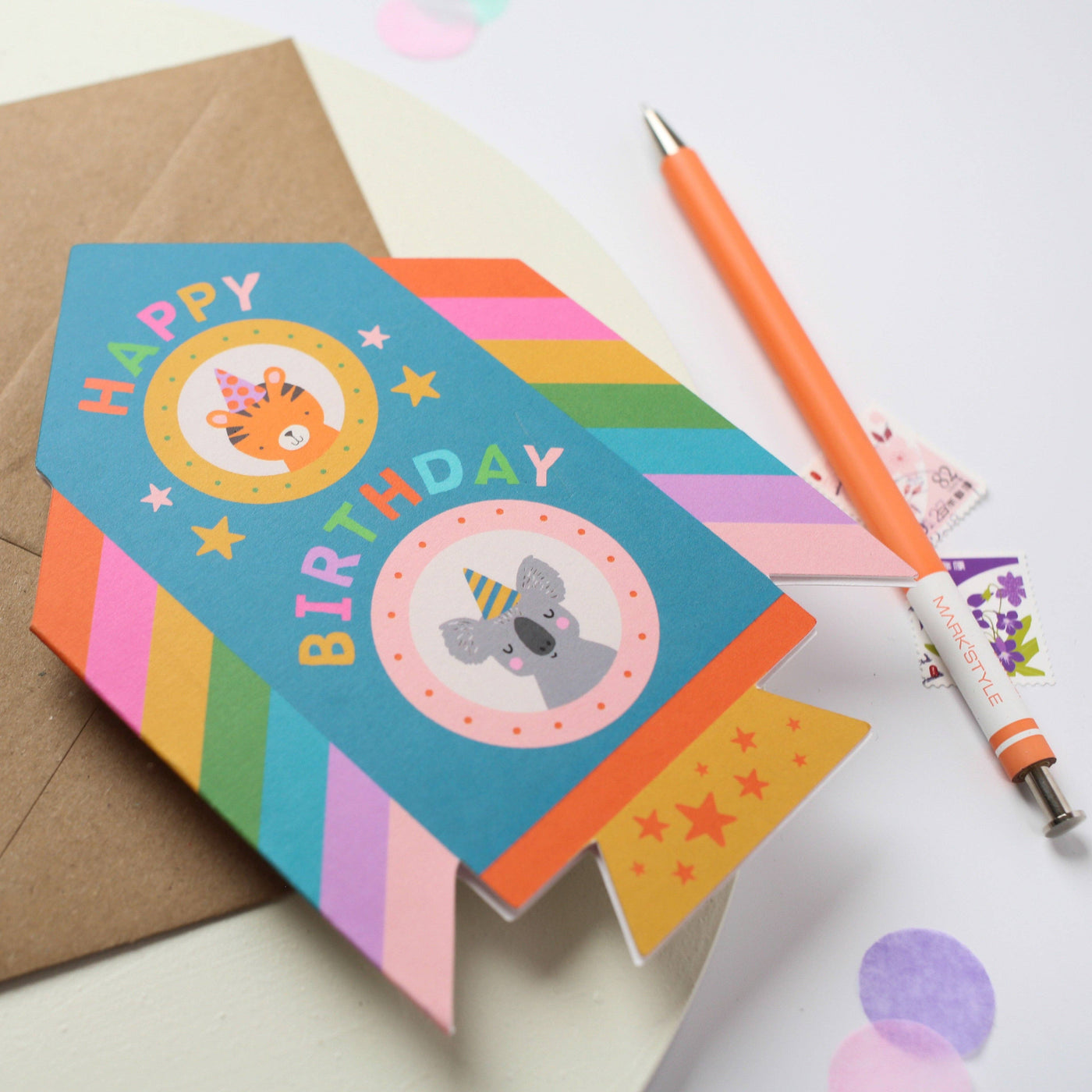 Rainbow Rocket Birthday Card with Animal Friends