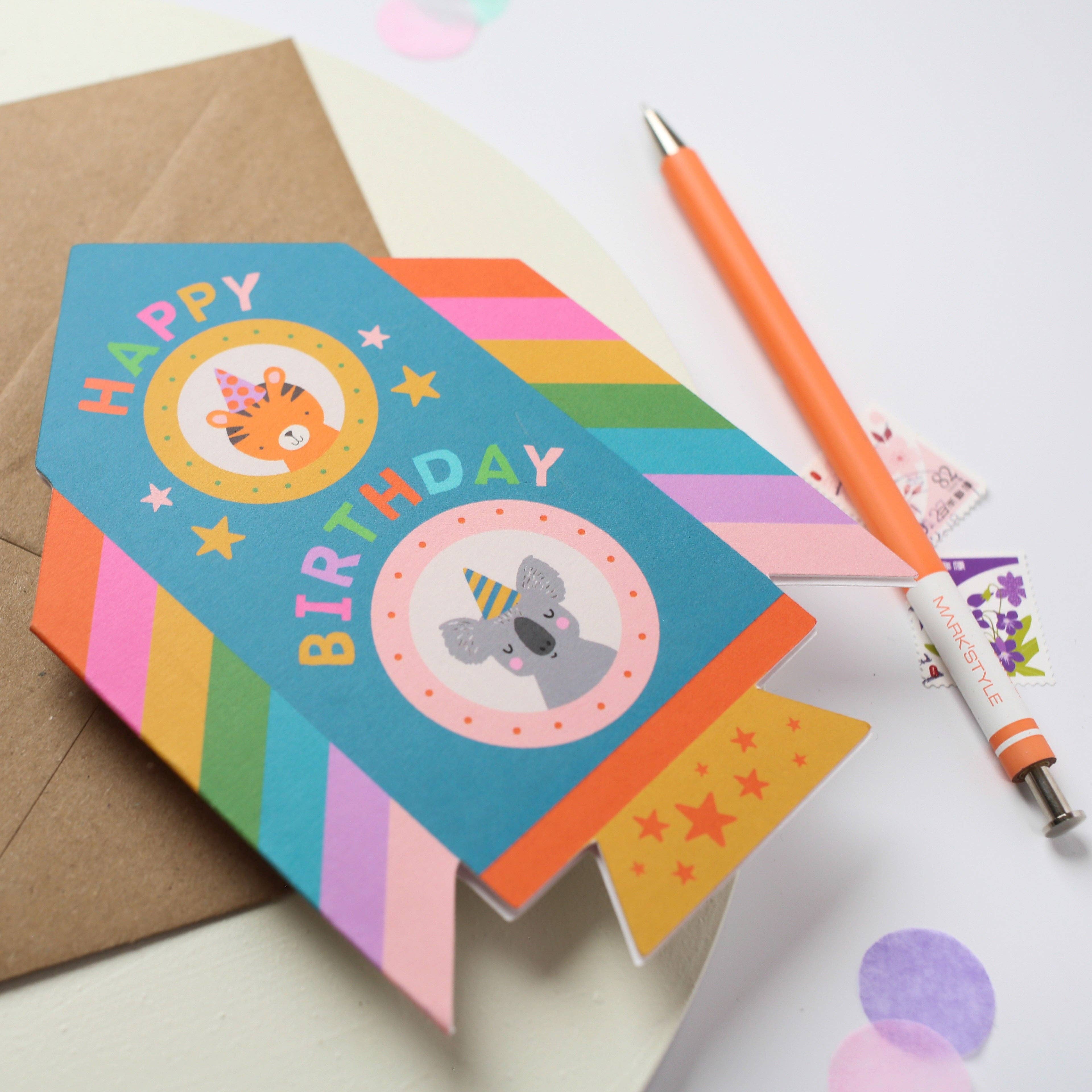 Rainbow Rocket Birthday Card with Animal Friends