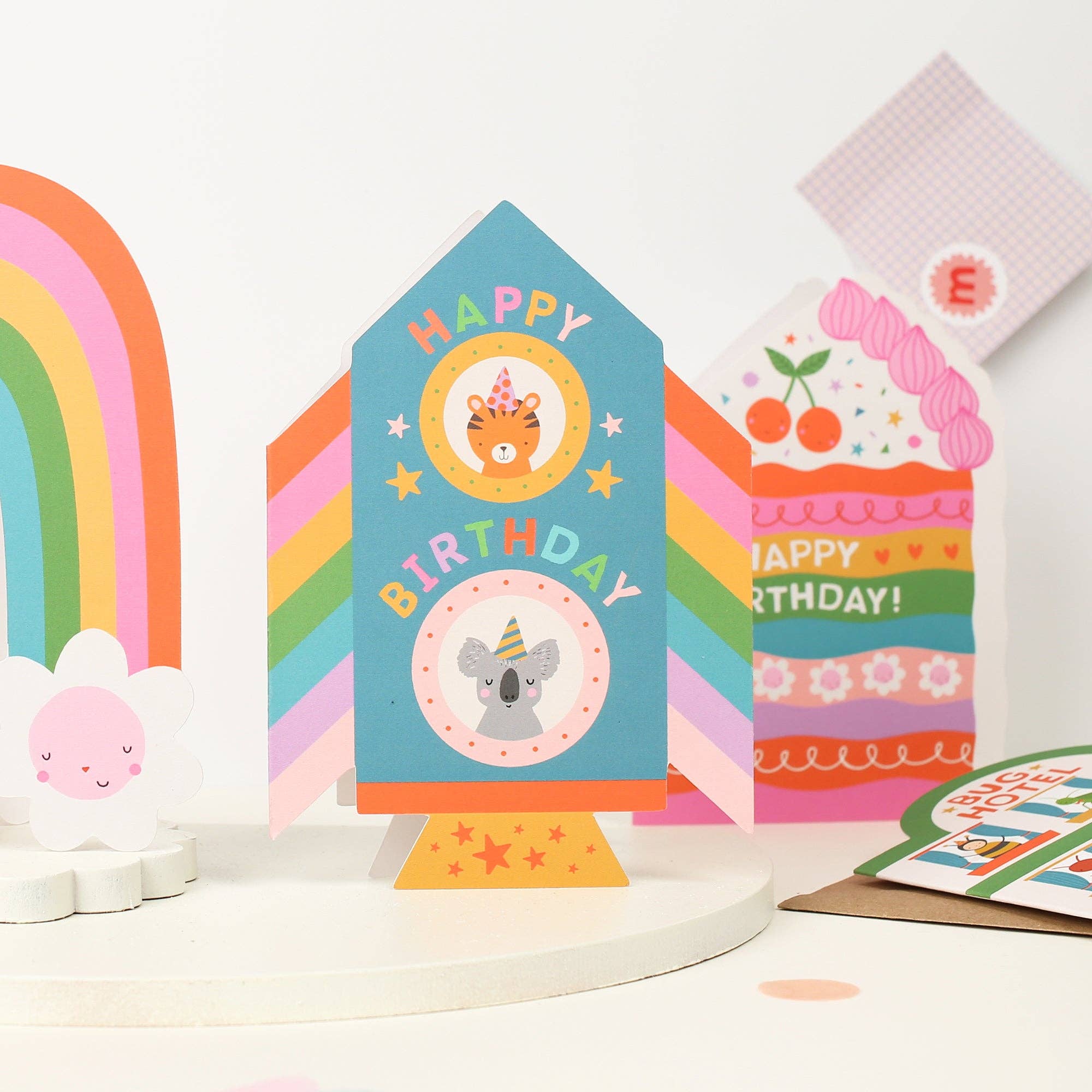 Rainbow Rocket Birthday Card with Animal Friends