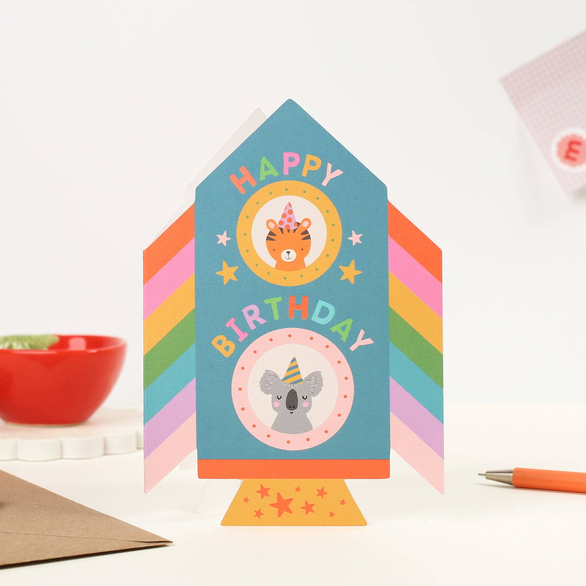 Rainbow Rocket Birthday Card with Animal Friends