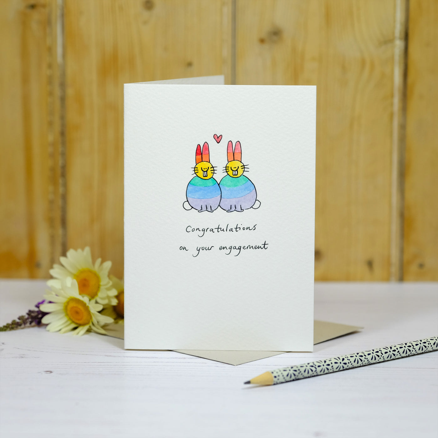 Rainbow Lovebunnies Hand Illustrated Engagement Card