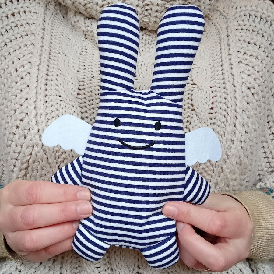 Blue & White Striped Angel Rabbit Rattle Plush (20cm)